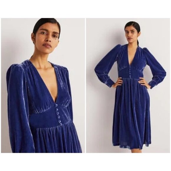 💕BODEN💕 Velvet Midi Party Tea Dress ~ Sea Blue US 8 NWT - Picture 1 of 16
